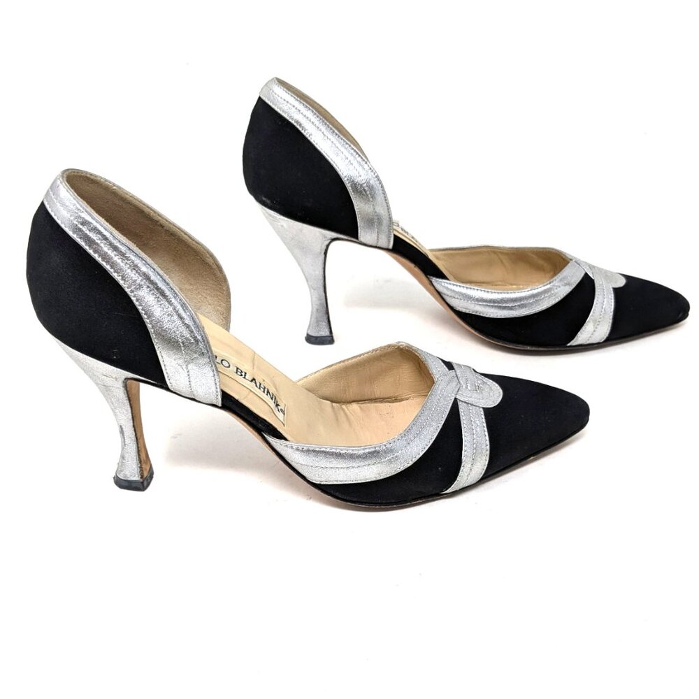 SOLDManolo Blahnik D'Orsay Pumps Black Fabric Silver Heels VTG 80s Sz 36, 6 US - Picture 5 of 16